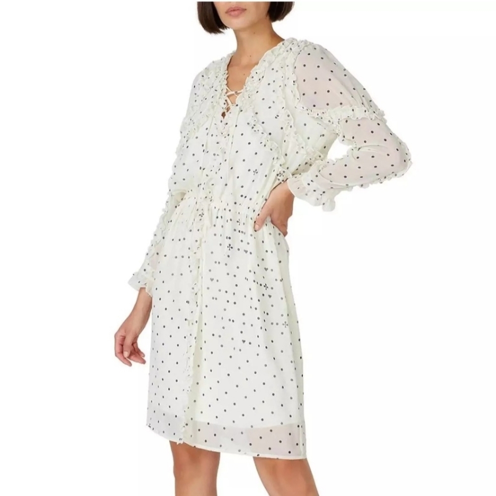 Koche Collective Dress 6 White ​Polka‎ Dot Ruffled Chiffon Trim V-Neck Boho